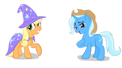 Size: 1600x896 | Tagged: safe, artist:snapai, character:applejack, character:trixie, species:earth pony, species:pony, species:unicorn, accessory swap, cape, clothing, female, hat, lesbian, mare, raised hoof, shipping, simple background, transparent background, tripplejack, trixie's cape, trixie's hat