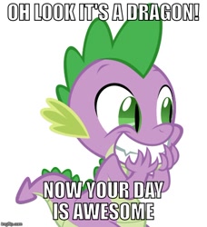 Size: 500x549 | Tagged: safe, artist:tarkan809, derpibooru original, editor:tarkan809, character:spike, species:dragon, awesome, caption, cute, day is awesome, good dragon, good end, happy, image macro, imgflip, meme, reaction image, simple background, subverted meme, teeth, text, your day is awesome, your day is ruined