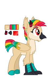 Size: 800x1280 | Tagged: safe, artist:sandwichbuns, oc, oc only, oc:summer salad, parent:autumn blaze, parent:princess skystar, parents:autumnstar, species:hippogriff, species:kirin, cloven hooves, colored hooves, colored wings, hippogriff hybrid, hybrid, kirin hybrid, magical lesbian spawn, male, multicolored wings, offspring, rainbow hair, rainbow wings, reference sheet, simple background, solo, transparent background, wings