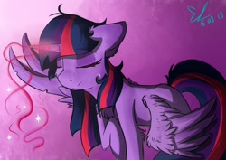 Size: 1024x724 | Tagged: safe, artist:yuris, character:twilight sparkle, character:twilight sparkle (alicorn), species:alicorn, species:pony, chest fluff, eyes closed, female, hoof on chest, magic, mare, smiling, solo, spread wings, three quarter view, wings
