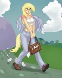 Size: 960x1200 | Tagged: safe, artist:aphexangel, character:derpy hooves, clothing, humanized, mail, midriff, short shirt, tailed humanization, winged humanization