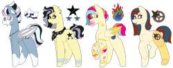 Size: 1024x407 | Tagged: safe, artist:midnightamber, oc, oc only, oc:neon flames, oc:night roller, oc:smooth oak, oc:star slide, species:bat pony, species:earth pony, species:pegasus, species:pony, amputee, bandana, bat pony oc, bubblegum, commission, ear piercing, earring, eyebrow piercing, eyeshadow, female, food, gum, jewelry, lip piercing, makeup, mare, markings, multicolored hair, neckerchief, necklace, piercing, prosthetic leg, prosthetic limb, prosthetics, raised hoof, raised leg, scar, simple background, skull, tattoo, tongue out, tooth, transparent background