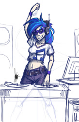Size: 521x800 | Tagged: safe, artist:theartrix, character:dj pon-3, character:vinyl scratch, species:human, female, grin, headphones, humanized, midriff, smiling, solo, turntable