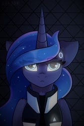 Size: 1000x1500 | Tagged: safe, artist:php97, character:princess luna, species:alicorn, species:pony, abstract background, bust, clothing, connor, connor luna, cosplay, costume, crossover, detroit: become human, female, folded wings, jacket, looking at you, mare, portrait, rk900, solo, video game, video game crossover, wings