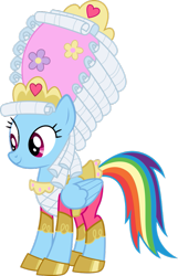 Size: 661x1024 | Tagged: safe, artist:fehlung, artist:kayman13, edit, character:rainbow dash, species:pony, clothing, dashie antoinette, dress, face edit, female, marie antoinette, powdered wig, rainbow dash always dresses in style, simple background, smiling, solo, transparent background, vector, vector edit, wig