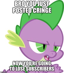 Size: 500x574 | Tagged: safe, artist:tarkan809, editor:tarkan809, character:spike, bro you just posted cringe you're going to lose subscriber, caption, image macro, imgflip, meme, spike is not amused, text, unamused
