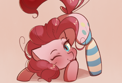 Size: 1280x876 | Tagged: safe, artist:bloodatius, character:pinkie pie, species:earth pony, species:pony, blep, clothing, cute, diapinkes, face down ass up, female, looking at you, one eye closed, raspberry, socks, solo, striped socks, tongue out, wink