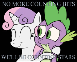Size: 639x513 | Tagged: safe, artist:eagc7, editor:undeadponysoldier, character:spike, character:sweetie belle, species:dragon, species:pony, species:unicorn, ship:spikebelle, black background, counting stars, cute, dawwww, eyes closed, female, filly, hug, male, one republic, shipping, simple background, song reference, straight, word art