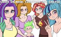 Size: 640x391 | Tagged: safe, artist:franschesco, edit, editor:undeadponysoldier, character:adagio dazzle, character:aria blaze, character:sonata dusk, character:spike, character:sunset shimmer, species:human, my little pony:equestria girls, clothing, cute, female, group photo, human spike, humanized, male, peace sign, selfie, spikelove, text, the dazzlings