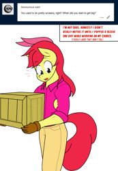Size: 692x1002 | Tagged: safe, artist:matchstickman, character:apple bloom, species:anthro, species:earth pony, species:pony, apple brawn, biceps, box, clothing, comic, dialogue, female, gloves, matchstickman's apple brawn series, muscles, pants, shirt, simple background, solo, teenager, tumblr comic, tumblr:where the apple blossoms, white background