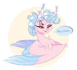 Size: 1430x1303 | Tagged: safe, artist:marbola, character:cozy glow, species:pegasus, species:pony, chest fluff, dialogue, disgusted, evil, female, lidded eyes, solo, spread wings, vulgar, wings