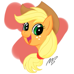 Size: 945x945 | Tagged: safe, artist:megasweet, artist:rustydooks, character:applejack, bust, clothing, cowboy hat, cute, female, freckles, hat, open mouth, portrait, smiling, solo, stetson