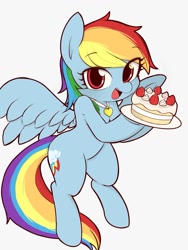 Size: 985x1313 | Tagged: safe, artist:manachaaaaaaaa, character:rainbow dash, species:pegasus, species:pony, cake, cute, dashabetes, female, food, jewelry, looking at you, mare, necklace, open mouth, simple background, smiling, solo, white background