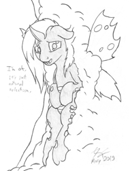 Size: 902x1178 | Tagged: safe, artist:parallel black, character:fluttershy, species:changeling, changeling slime, changelingified, dialogue, female, flutterling, looking at you, post-transformation, simple background, sketch, solo, species swap, traditional art, trapped, white background