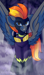 Size: 1300x2200 | Tagged: safe, artist:php97, oc, oc:blaze (shadowbolt), species:pegasus, species:pony, clothing, commission, costume, goggles, shadowbolts, shadowbolts costume, solo, spread wings, wings