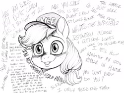Size: 2048x1536 | Tagged: safe, artist:verulence, character:applejack, species:earth pony, species:pony, black and white, bust, cap, clothing, dialogue, female, grayscale, hairband, hat, monochrome, retail, solo, text
