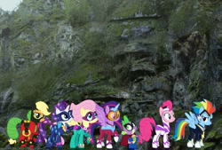 Size: 1088x735 | Tagged: safe, artist:kayman13, character:applejack, character:fili-second, character:fluttershy, character:humdrum, character:masked matter-horn, character:mistress marevelous, character:pinkie pie, character:radiance, character:rainbow dash, character:rarity, character:saddle rager, character:spike, character:twilight sparkle, character:twilight sparkle (alicorn), character:zapp, species:alicorn, species:dragon, species:pony, episode:power ponies, g4, my little pony: friendship is magic, cliff, clothing, confused, costume, irl, looking at each other, looking left, looking up, mane seven, mane six, photo, ponies in real life, pose, smiling