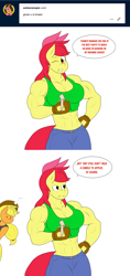 Size: 1280x2704 | Tagged: safe, artist:matchstickman, character:apple bloom, character:applejack, species:anthro, species:earth pony, species:pony, ..., abs, apple, apple brawn, banana, biceps, breasts, busty apple bloom, clothing, comic, deltoids, dialogue, eating, female, fingerless gloves, food, gloves, herbivore, jeans, looking at you, mare, matchstickman's apple brawn series, midriff, muscles, muscular female, older, older apple bloom, one eye closed, pants, pecs, simple background, sports bra, sweat, sweatdrop, talking to viewer, that pony sure does love apples, triceps, tumblr comic, tumblr:where the apple blossoms, white background, wink