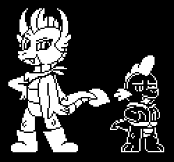 Size: 250x234 | Tagged: safe, artist:tarkan809, character:smolder, character:spike, black and white, clothing, cosplay, costume, grayscale, jacket, monochrome, papyrus (undertale), pixel art, pose, sans (undertale), scarf, shoes, sprite, undertale