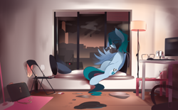 Size: 3236x2006 | Tagged: safe, artist:nevobaster, oc, oc only, oc:delta vee, species:pegasus, species:pony, alcohol, alone, chair, cigarette, city, computer, depressed, depressing, female, lamp, mare, night, pillow, sitting, sky, vape, window, wine, wing hold