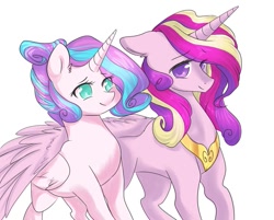 Size: 997x801 | Tagged: safe, artist:yuyusunshine, character:princess cadance, character:princess flurry heart, species:alicorn, species:pony, female, mama cadence, mare, mother and daughter, older, older flurry heart, simple background, story included, white background