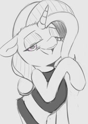Size: 508x714 | Tagged: safe, artist:tre, character:trixie, species:pony, species:unicorn, anatomically incorrect, clothing, female, grayscale, human shoulders, lidded eyes, mare, monochrome, open mouth, raised hoof, solo