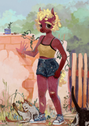 Size: 2480x3508 | Tagged: safe, artist:wolfiedrawie, oc, oc only, oc:chica, species:anthro, species:pony, anthro oc, bandaid, cat, clothing, converse, denim shorts, female, gate, looking at you, mare, outdoors, shoes, short hair, shorts, sneakers, standing, three quarter view, top