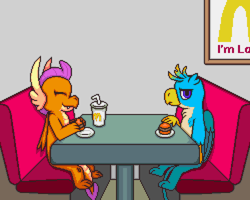 Size: 2500x2000 | Tagged: safe, artist:tarkan809, character:gallus, character:smolder, species:dragon, species:griffon, ..., burger, cute, dragoness, drink, duo, eating, female, food, gallus is not amused, hamburger, looking at you, male, mcdonald's, omnivore, pixel art, pop rocks, smolderbetes, story included, unamused