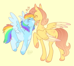 Size: 1387x1237 | Tagged: safe, artist:sandwichbuns, character:fluttershy, character:rainbow dash, species:pegasus, species:pony, ship:flutterdash, alternate design, blushing, colored wings, dappled, eyes closed, female, heart, height difference, kissing, lesbian, mare, raised hoof, shipping, simple background, smoldash, spread wings, tallershy, two toned wings, wings, yellow background