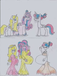 Size: 1786x2371 | Tagged: safe, artist:nephilim rider, character:princess flurry heart, oc, oc:bundle joy, parent:oc:shimmering glow, parent:princess flurry heart, parents:canon x oc, species:alicorn, species:pony, my little pony:equestria girls, alicorn oc, alicornified, belly, clothing, dress, female, mama flurry, mother and daughter, multiple pregnancy, offspring, offspring's offspring, pregnant, pregnant equestria girls, race swap, traditional art, waving, wreath