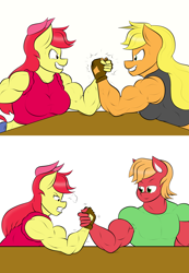 Size: 2024x2928 | Tagged: safe, artist:matchstickman, character:apple bloom, character:applejack, character:big mcintosh, species:anthro, species:earth pony, species:pony, apple bloom's bow, apple brawn, apple siblings, applejacked, arm wrestling, biceps, bow, breasts, busty apple bloom, busty applejack, clothing, deltoids, female, fingerless gloves, gloves, great macintosh, grin, hair bow, male, mare, matchstickman's apple brawn series, muscles, older, older apple bloom, pecs, shirt, simple background, smiling, snorting, stallion, triceps, trio, tumblr:where the apple blossoms, white background