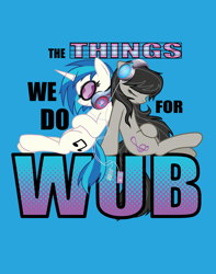 Size: 1516x1920 | Tagged: safe, artist:zedrin, character:dj pon-3, character:octavia melody, character:vinyl scratch, species:earth pony, species:pony, species:unicorn, blue background, female, headphones, ipod, mare, messy mane, mp3 player, simple background, text, wub