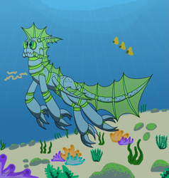 Size: 2089x2191 | Tagged: safe, artist:derpanater, oc, oc only, oc:azure dice, claws, commission, fins, fish, ocean, original species, swimming, underwater