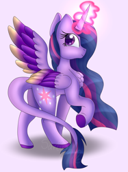 Size: 2916x3900 | Tagged: safe, artist:tomboygirl45, character:twilight sparkle, character:twilight sparkle (alicorn), species:alicorn, species:pony, butt, colored wings, female, magic, multicolored wings, plot, simple background, solo, wings