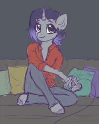 Size: 800x1000 | Tagged: safe, artist:radioaxi, oc, oc only, oc:moonsonat, species:anthro, species:pony, species:unguligrade anthro, species:unicorn, anthro oc, clothing, colored sketch, controller, couch, cute, female, green eyes, jeans, mare, pants, pillow, shirt, short hair, simple background, sitting, smiley face, solo