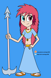 Size: 2089x3185 | Tagged: safe, artist:eagc7, oc, oc only, oc:zyrena, my little pony:equestria girls, belly button, clothing, commission, equestria girls-ified, female, hand on hip, heterochromia, ko-fi, midriff, patreon, patreon logo, skirt, solo, weapon