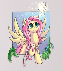Size: 742x836 | Tagged: safe, artist:sokolas, character:fluttershy, butterfly, cute, female, long mane, shyabetes, smiling, solo, spread wings, wings