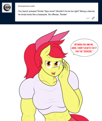 Size: 1280x1515 | Tagged: safe, artist:matchstickman, character:apple bloom, species:anthro, species:earth pony, species:pony, abs, apple brawn, biceps, bow, breasts, busty apple bloom, clothing, comic, deltoids, dialogue, female, implied shipping, implied straight, implied tenderbloom, innuendo, looking at you, male, mare, matchstickman's apple brawn series, muscles, muscular female, older, older apple bloom, shirt, simple background, skirt, solo, talking to viewer, tumblr comic, tumblr:where the apple blossoms, white background