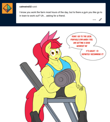 Size: 1280x1421 | Tagged: safe, artist:matchstickman, character:apple bloom, species:anthro, species:earth pony, species:plantigrade anthro, species:pony, apple brawn, biceps, boots, breasts, busty apple bloom, clothing, comic, deltoids, dialogue, dumbbell (object), female, gym, gym shorts, looking at you, mare, matchstickman's apple brawn series, muscles, older, older apple bloom, pecs, shoes, simple background, sitting, solo, sports bra, talking to viewer, thighs, thunder thighs, triceps, tumblr comic, tumblr:where the apple blossoms, white background