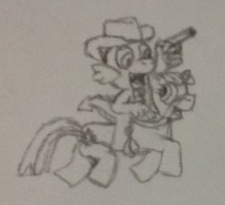 Size: 496x452 | Tagged: safe, artist:tarkan809, character:spike, character:twilight sparkle, species:dragon, species:pony, clothing, cowboy, cowboy hat, dragons riding ponies, gun, hat, horse riding, monochrome, pencil drawing, riding, traditional art, weapon
