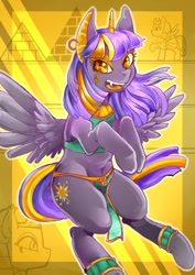 Size: 1000x1411 | Tagged: safe, artist:hobilo, character:somnambula, character:sphinx, character:twilight sparkle, character:twilight sparkle (alicorn), species:alicorn, species:pony, species:sphinx, alternate hairstyle, anubis, clothing, ear piercing, earring, egyptian, fangs, female, jewelry, loincloth, mare, monster pony, piercing, solo