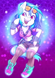 Size: 1200x1694 | Tagged: safe, artist:hobilo, character:dj pon-3, character:vinyl scratch, species:anthro, species:pony, species:unicorn, breasts, chestbreasts, clothing, female, front knot midriff, glasses, headphones, mare, midriff, semi-anthro, shoes, shorts, socks, solo, sunglasses, thigh highs