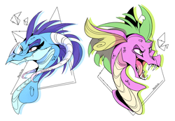 Size: 2869x1985 | Tagged: safe, artist:marbola, character:princess ember, character:spike, species:dragon, bust, dragoness, duo, female, high res, open mouth, sharp teeth, simple background, smiling, teeth, white background