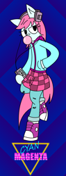 Size: 970x2560 | Tagged: safe, artist:derpanater, oc, oc only, oc:cyan magenta, 80's fashion, 80's style, bipedal, bubblegum, clothing, converse, cute, female, food, freckles, gum, headphones, high tops, hoodie, jeans, pants, plaid skirt, shoes, simple background, skirt, sneakers, walkman
