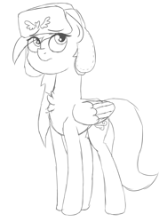 Size: 2255x3000 | Tagged: safe, artist:besttubahorse, oc, oc only, oc:zippy snips, species:pegasus, species:pony, clothing, hat, insignia, monochrome, simple background, sketch, tall, thin, ushanka, white background