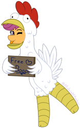 Size: 1497x2405 | Tagged: safe, artist:midnightamber, character:scootaloo, species:pegasus, species:pony, animal costume, chicken suit, clothing, commission, costume, cute, cutealoo, feather, female, filly, free boops, holding sign, one eye closed, rearing, scootachicken, sign, silly, silly pony, simple background, solo, standing, standing on one leg, standing up, tongue out, transparent background, wink