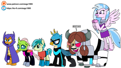 Size: 3751x2119 | Tagged: safe, artist:eagc7, character:gallus, character:ocellus, character:sandbar, character:silverstream, character:smolder, character:yona, species:changeling, species:classical hippogriff, species:dragon, species:earth pony, species:griffon, species:hippogriff, species:pony, species:reformed changeling, species:yak, aqualad, beast boy, boots, bow, cloak, clothing, cloven hooves, colored hooves, commission, cyborg (teen titans), dc comics, dialogue, dragoness, female, gallus is not amused, hair bow, jewelry, ko-fi, male, midriff, monkey swings, necklace, nightwing, patreon, raven (teen titans), shoes, simple background, skirt, smolder is not amused, stallion, starfire, student six, superhero, teen titans, teenager, transparent background, unamused