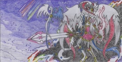 Size: 2081x1060 | Tagged: safe, artist:nephilim rider, oc, oc:heaven lost, species:pony, league of legends, magical girl, nephilim, night, star guardian, stars, sword, traditional art, weapon