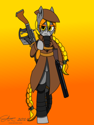 Size: 1920x2560 | Tagged: safe, artist:derpanater, oc, oc only, oc:rook, species:earth pony, species:pony, fallout equestria, armor, braid, braided ponytail, braided tail, clothing, female, gradient background, gun, looking at you, semi-anthro, shotgun, weapon