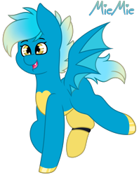 Size: 1526x1925 | Tagged: safe, artist:midnightamber, oc, oc only, oc:miemie, species:bat pony, species:pony, amputee, bat pony oc, bat wings, chest marking, female, gradient eyes, gradient hair, happy, legs in air, legs raised, mare, open mouth, prosthetic leg, prosthetic limb, prosthetics, simple background, solo, spread wings, transparent background, wings